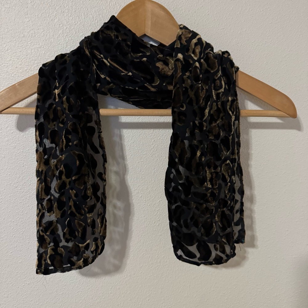 Burnout Velvet Leopard Print Oblong Scarf Sheer Whimsigoth Black Tan-52x9”